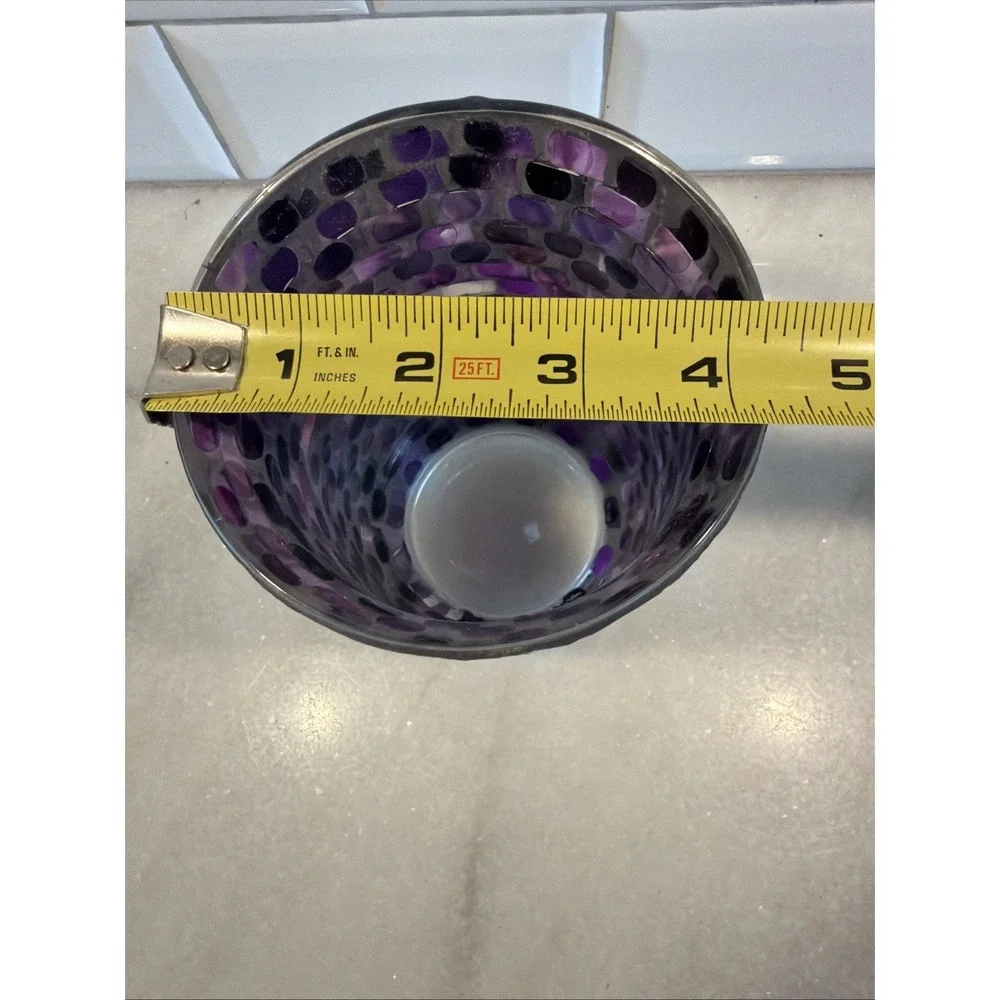 Stunning Vtg Iridescent Purple GLASS MOSAIC HURRICANE LAMP/candle Holder GW993 - Picture 10 of 10